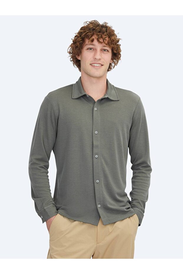 Haki Düz Regular Fit Casual Gömlek - 1