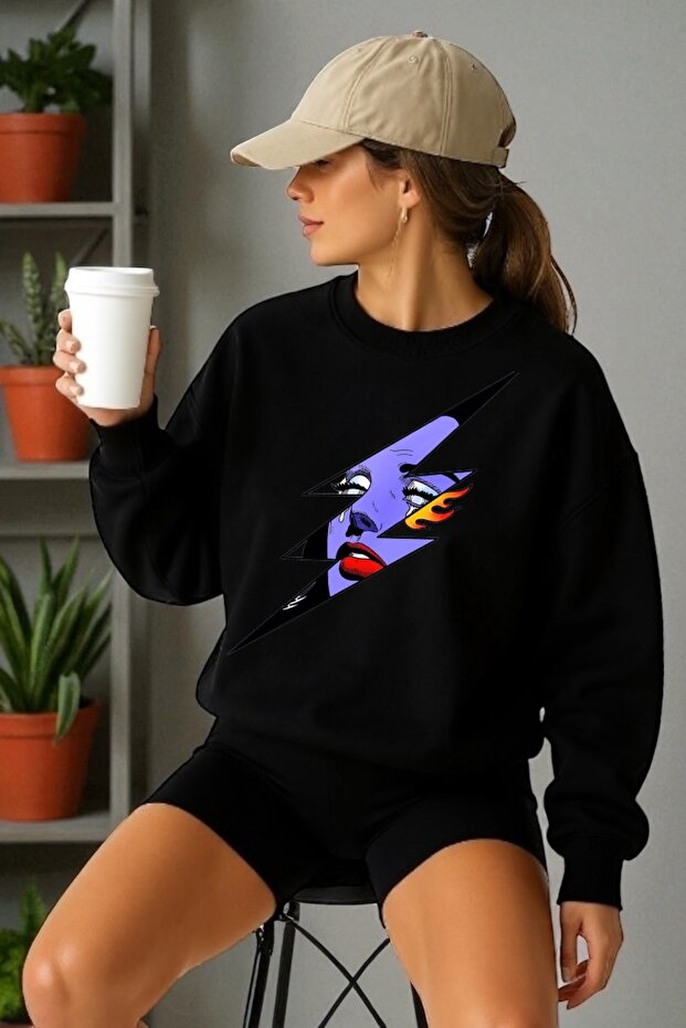Unisex Long Sleeve Lightning Women's Transfer Printed Crew Neck Sweatshirt