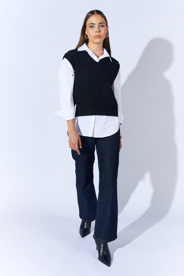 V Yaka Triko Basic Süveter - Siyah | MKW535332-01 - 2