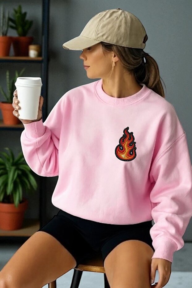 Unisex Long Sleeve Flame Transfer Printed Crew Neck Sweatshirt