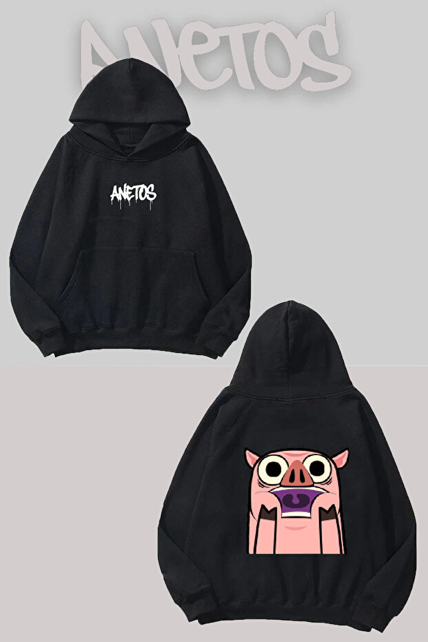 Pig Back Printed Black Hooded Sweatshirt