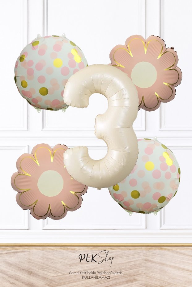 Pink Flowers and Confetti Theme Cream Age Balloon Birthday Balloon Set