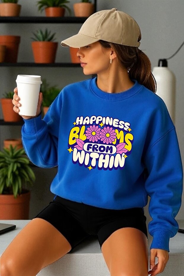 سويت شيرت برقبة دائرية مطبوع عليه Happiness Transfer بأكمام طويلة للجنسين