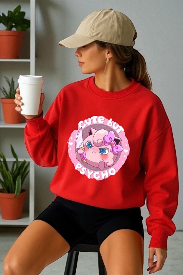 سويت شيرت برقبة دائرية وأكمام طويلة للجنسين من Psycho Jiggle Puff مطبوع عليه طباعة نقل حراري