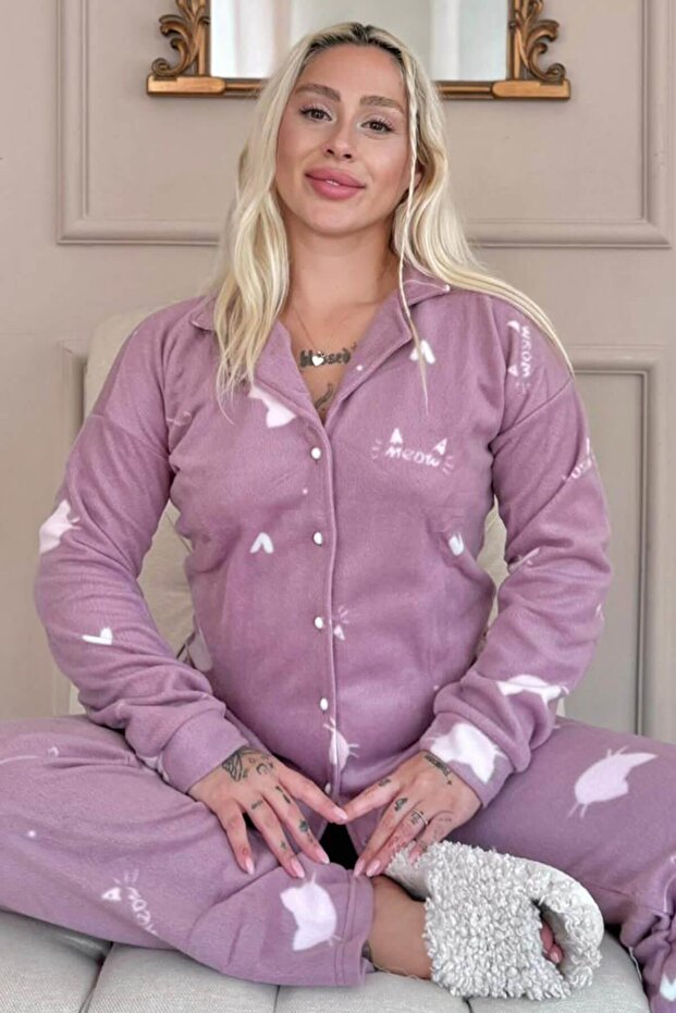 Pink Cat Patterned Front Buttoned Plush Fleece Pajama Set - 1