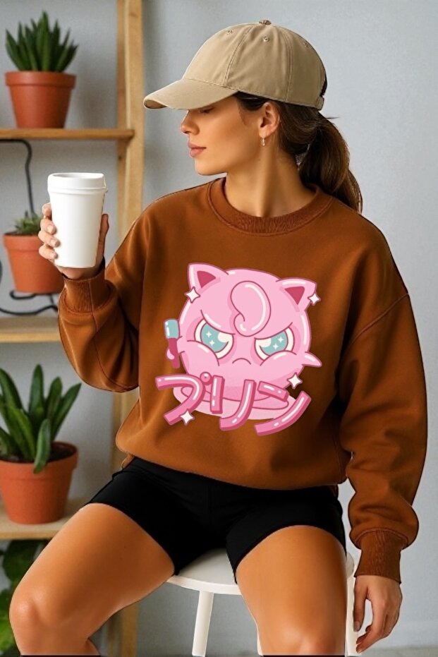 سويت شيرت برقبة دائرية وأكمام طويلة للجنسين مطبوع عليه Jiggle Puff Transfer