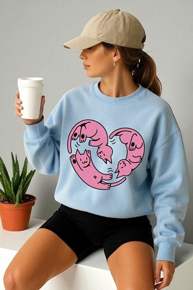 Unisex Long Sleeve Heart Cats Transfer Printed Crew Neck Sweatshirt