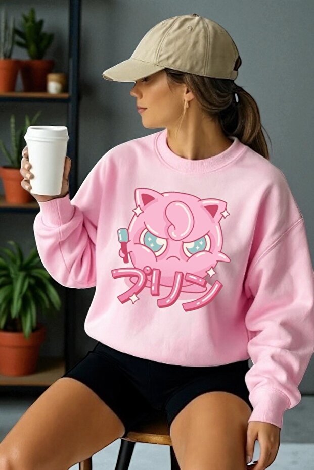 سويت شيرت برقبة دائرية وأكمام طويلة للجنسين مطبوع عليه Jiggle Puff Transfer