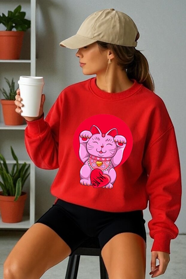 Unisex Long Sleeve Japan Cat Transfer Printed Crew Neck Sweatshirt