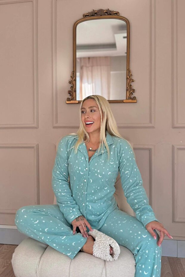Mint Moon Stars Patterned Front Buttoned Plush Fleece Pajama Set - 2