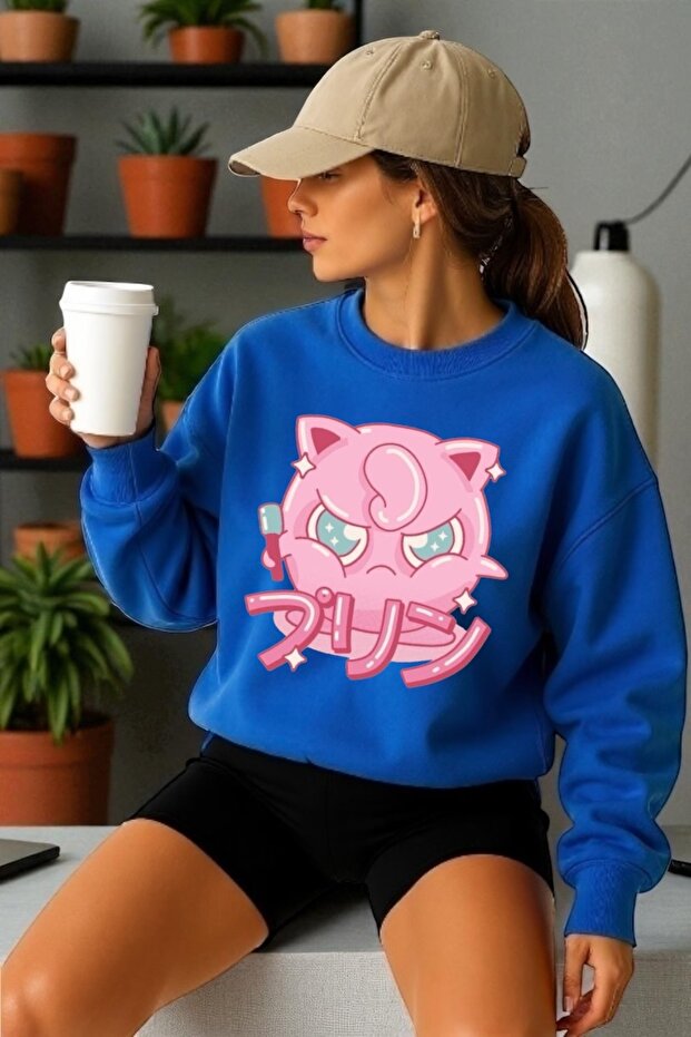 سويت شيرت برقبة دائرية وأكمام طويلة للجنسين مطبوع عليه Jiggle Puff Transfer