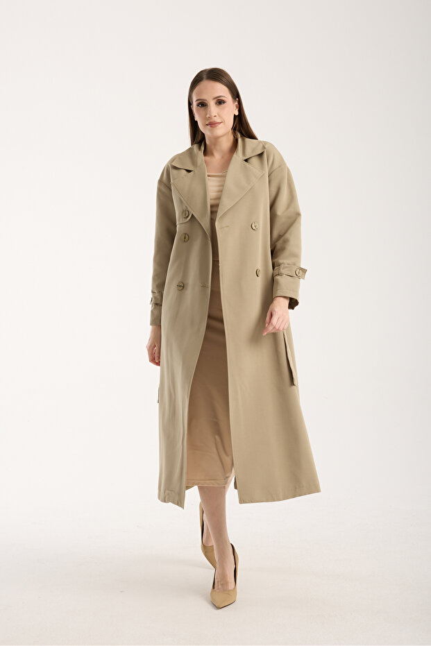 Light Khaki Oversize Trench Coat with Windbreaker Detail
