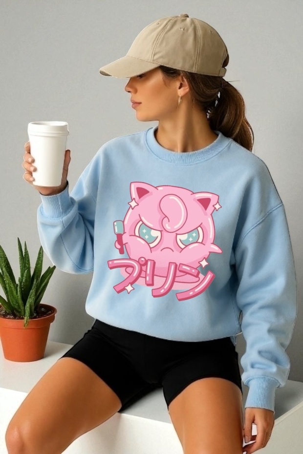 سويت شيرت برقبة دائرية وأكمام طويلة للجنسين مطبوع عليه Jiggle Puff Transfer