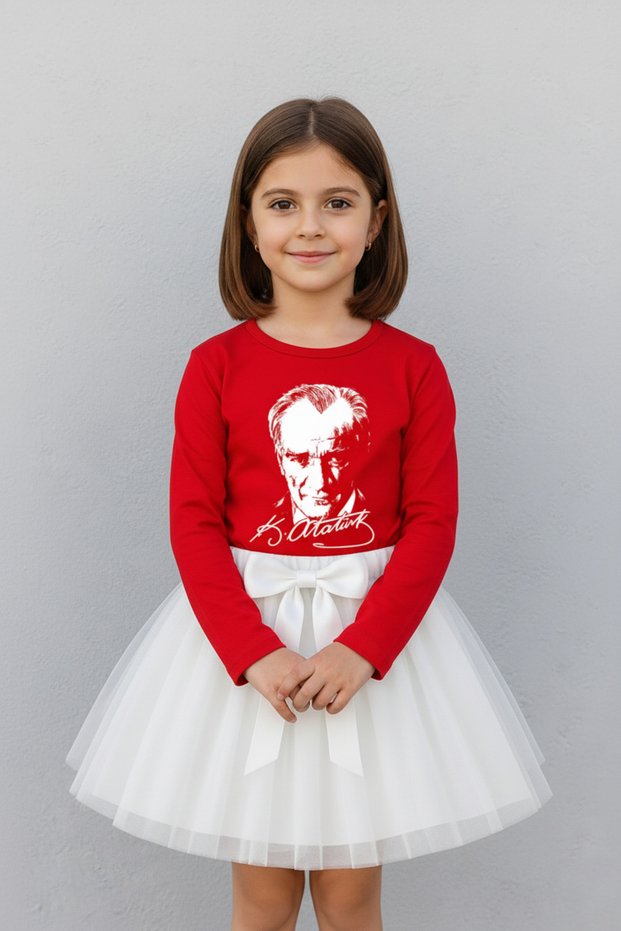 Girl's Red Long Sleeve Ataturk T-Shirt White Tutu Skirt Set April 23 October 29 Performance Outfit