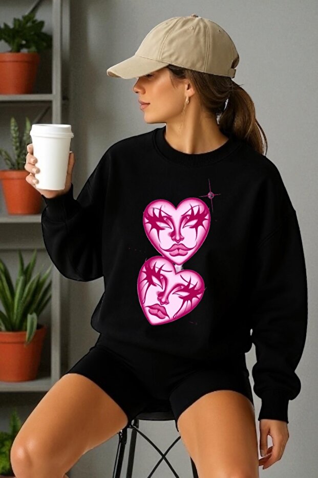 Unisex Long Sleeve Heart Face Transfer Printed Crew Neck Sweatshirt