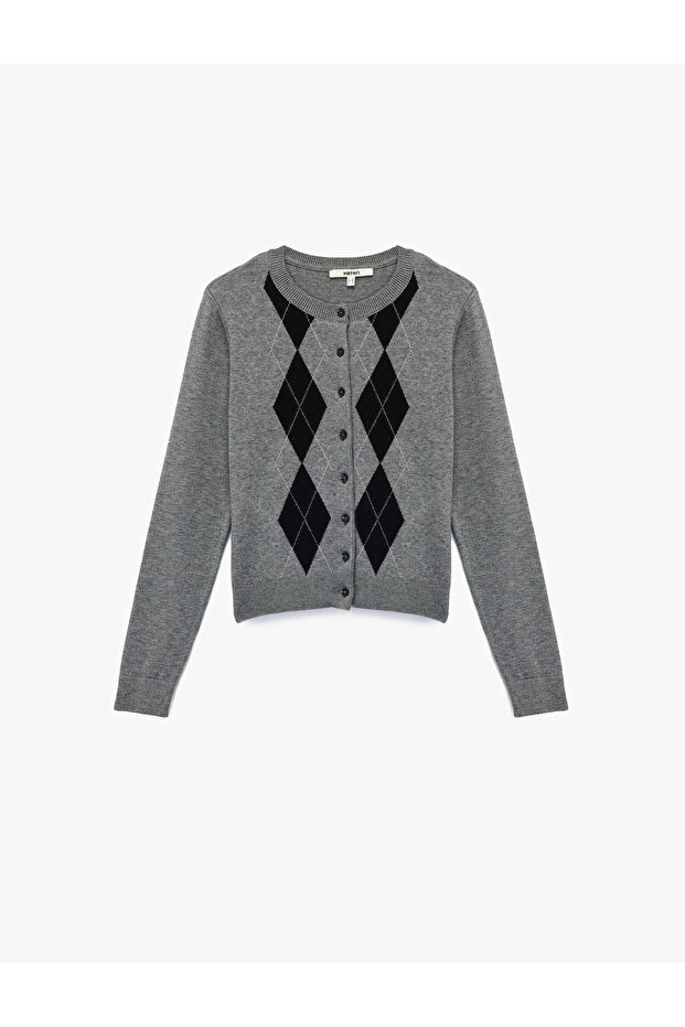 Buttoned Long Sleeve Crew Neck Diamond Pattern Knitwear Cardigan