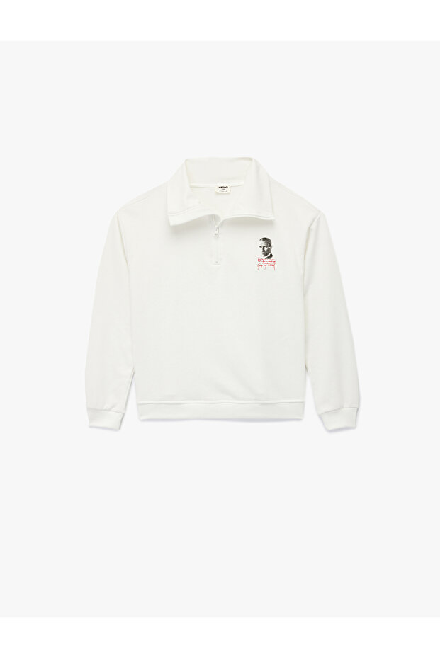 Ataturk Printed Half Zipper Stand Collar Long Sleeve Sweatshirt