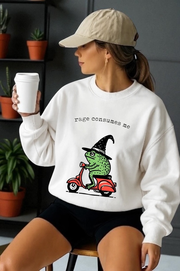 Unisex Long Sleeve Frog Transfer Printed Crew Neck Sweatshirt