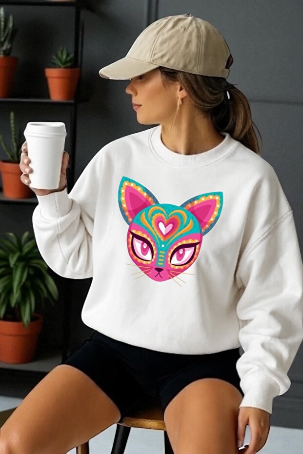 Unisex Long Sleeve Alien Cat Transfer Printed Crew Neck Sweatshirt