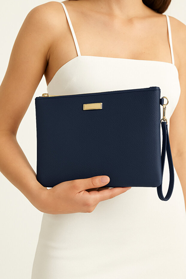 Navy Blue Hand Strap Portfolio Clutch Bag with Metal Accessories