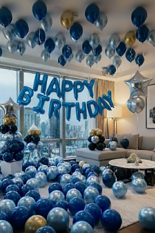 Blue Happy Birthday Foil Balloon Set Blue Silver Birthday Party Decorations