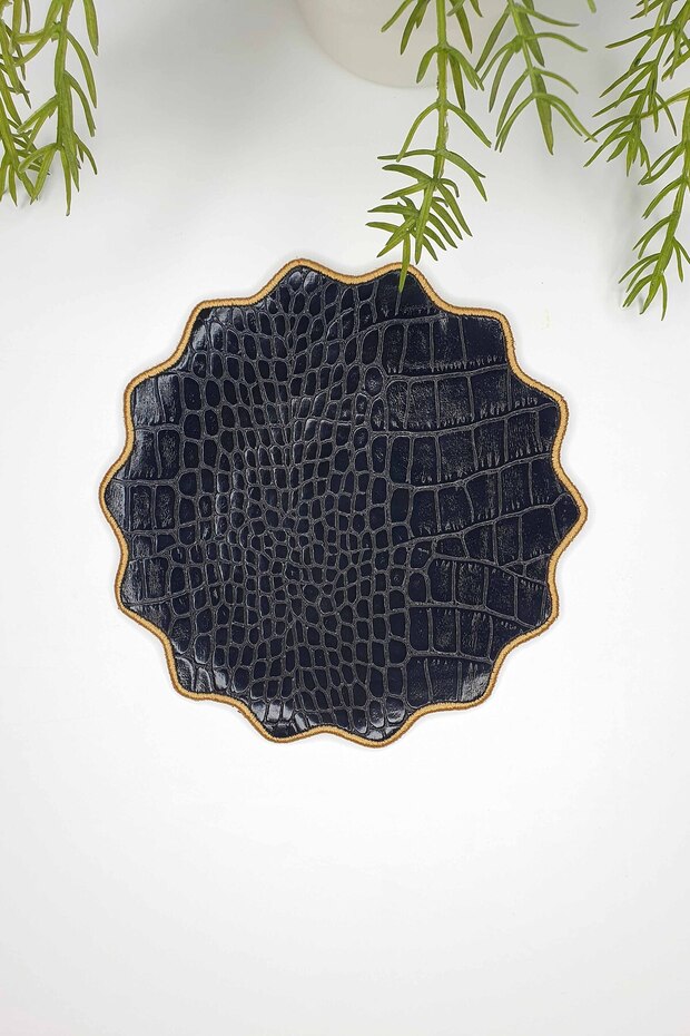 Black Faux Crocodile Leather Fabric Serrated Oval Embroidered Cocktail Napkin 1 Piece