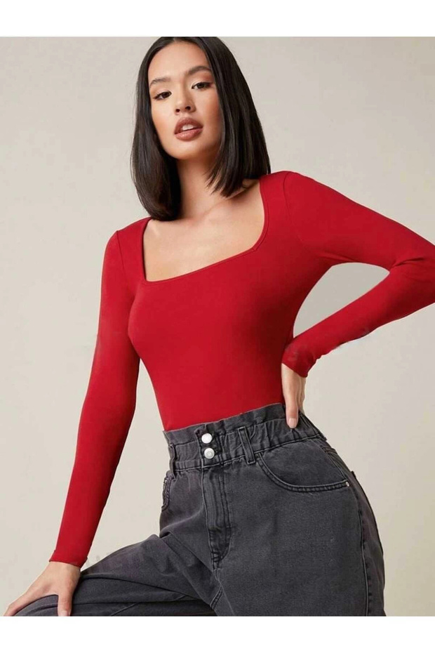 Kadın Kırmızı Kare Yaka Uzun Kollu Vücudu Saran İpek Jarse Kumaş Basic Bluz Badic - 2
