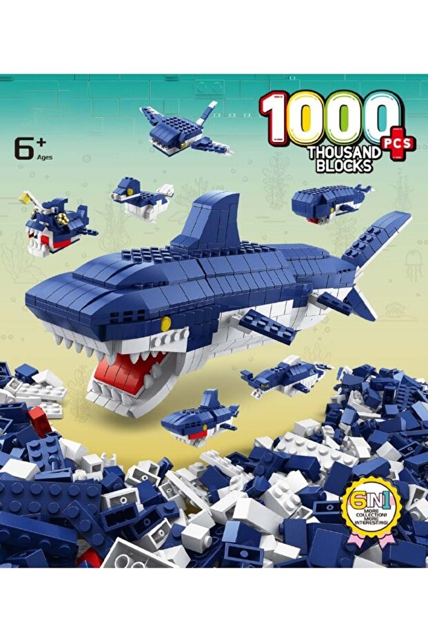 LELE BROTHER 6-in-1 Shark Building Blocks Set, Ocean Shark Shape Building Toys, Shark Toy Set - 1
