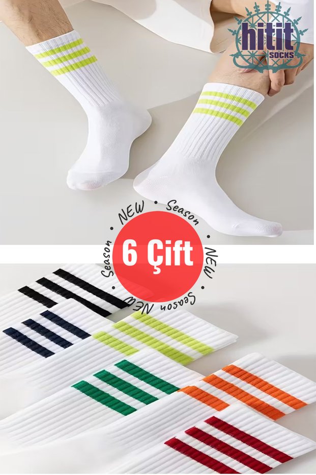 Women's 6 Pairs of Colorful Striped Detailed Premium Quality Daily Tennis Socks, Suitable for All Seasons