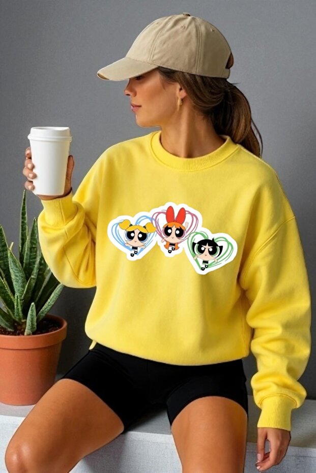 Unisex Long Sleeve Powerpuff Girls Transfer Printed Crew Neck Sweatshirt