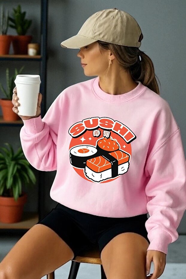 Unisex Long Sleeve Sushi Transfer Printed Crew Neck Sweatshirt
