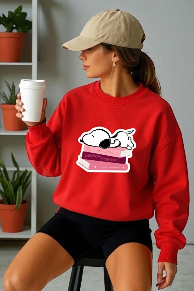 Unisex Long Sleeve Snoopy Books Transfer Printed Crew Neck Sweatshirt