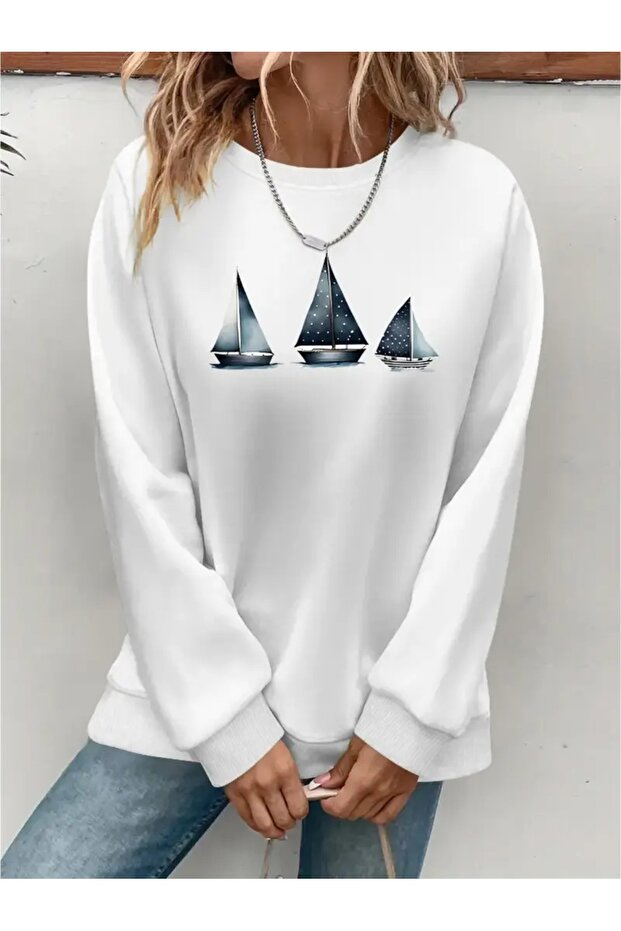 Printed Circular Neck Oversize Three-Thread Ribbed Sweatshirt