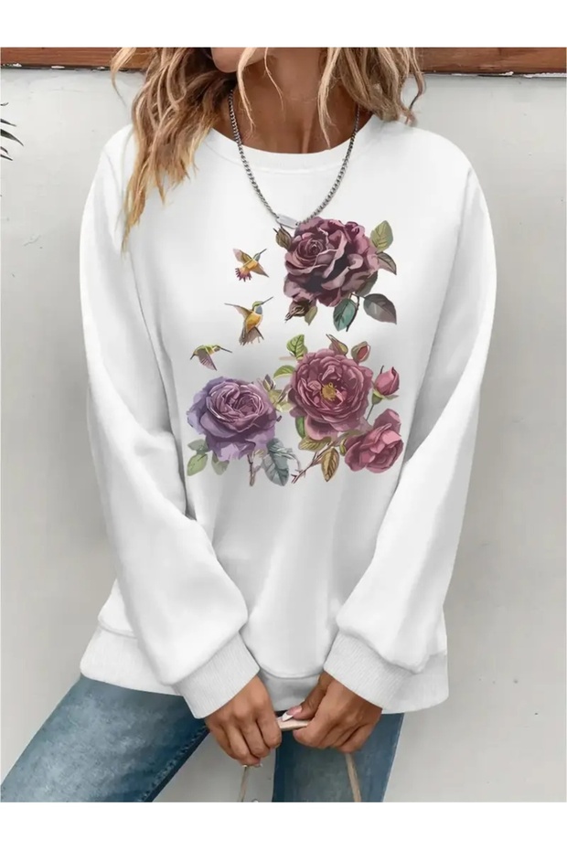 Printed Circular Neck Oversize Three-Thread Ribbed Sweatshirt
