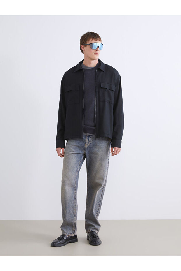 Siyah Rahat Kalıp Uzun Kollu Erkek Gömlek Ceket - 2