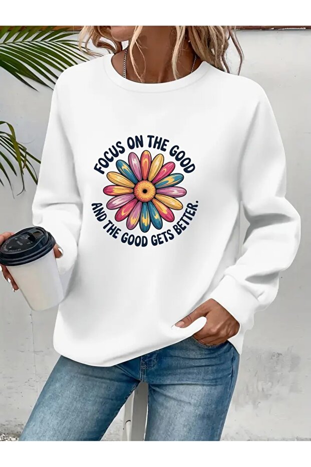 Printed Circular Neck Oversize Three-Thread Ribbed Sweatshirt
