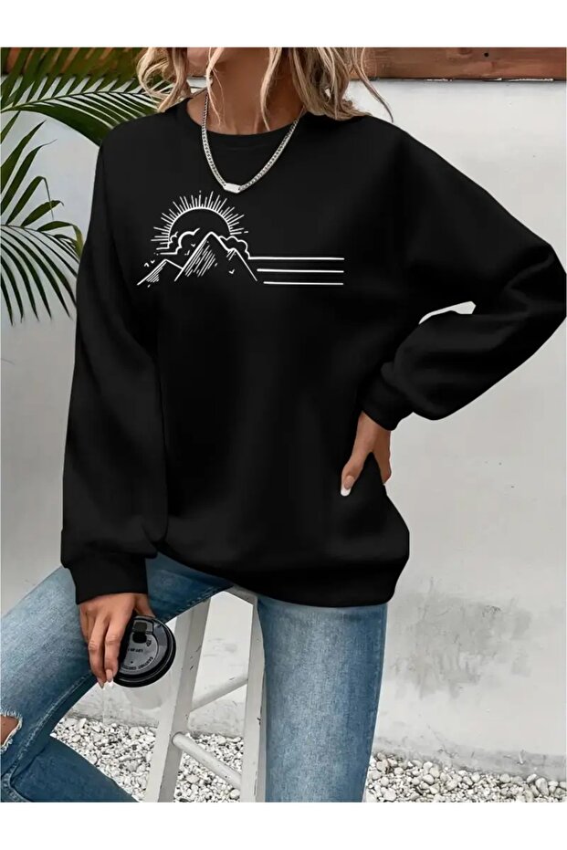 Printed Circular Neck Oversize Three-Thread Ribbed Sweatshirt
