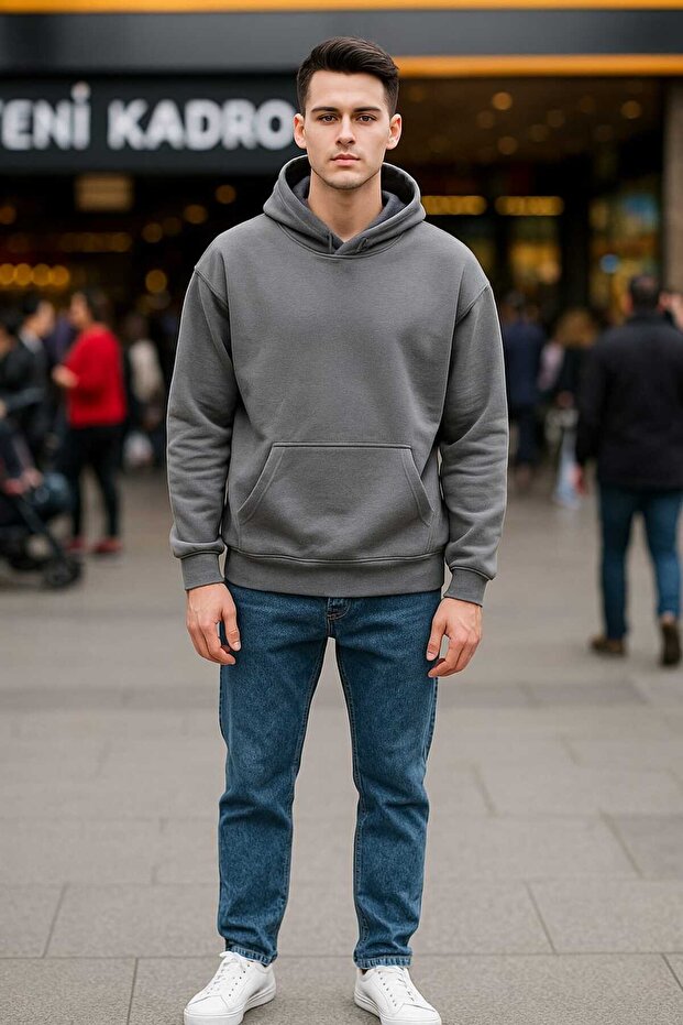 Unisex Gray Hooded Unprinted Plain Oversize Wide Cotton Sweatshirt -Hoodie