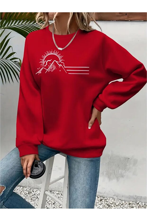 Printed Circular Neck Oversize Three-Thread Ribbed Sweatshirt