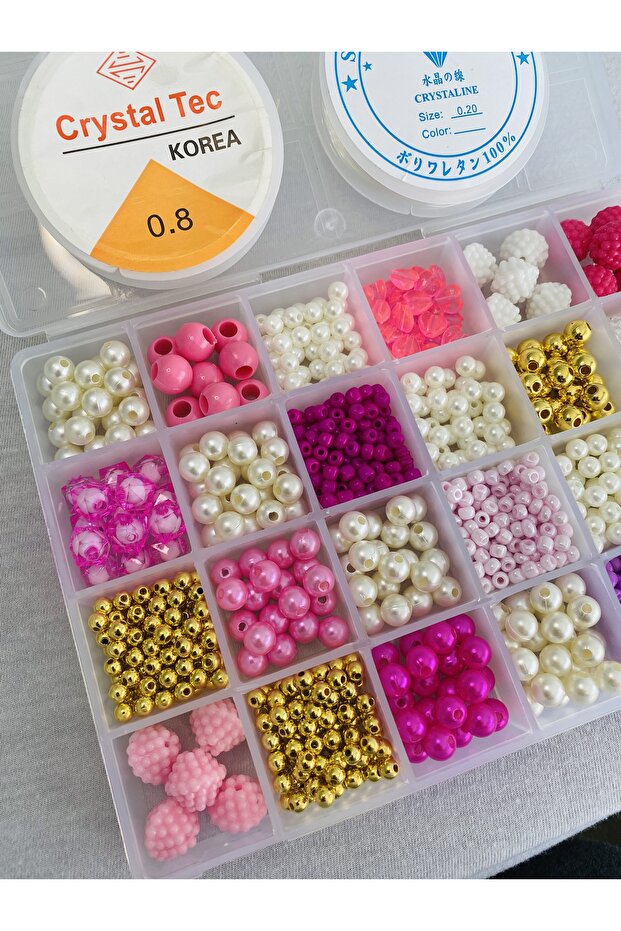 No:118 Pink Beaded Jewelry Making Kit in a 24-Cell Box - with 2 Bead Needles