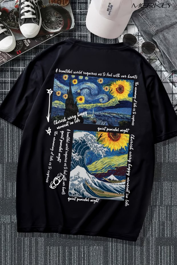 Van Gogh Printed T-Shirt, Oversize Unisex Black T-Shirt Kids / Adult