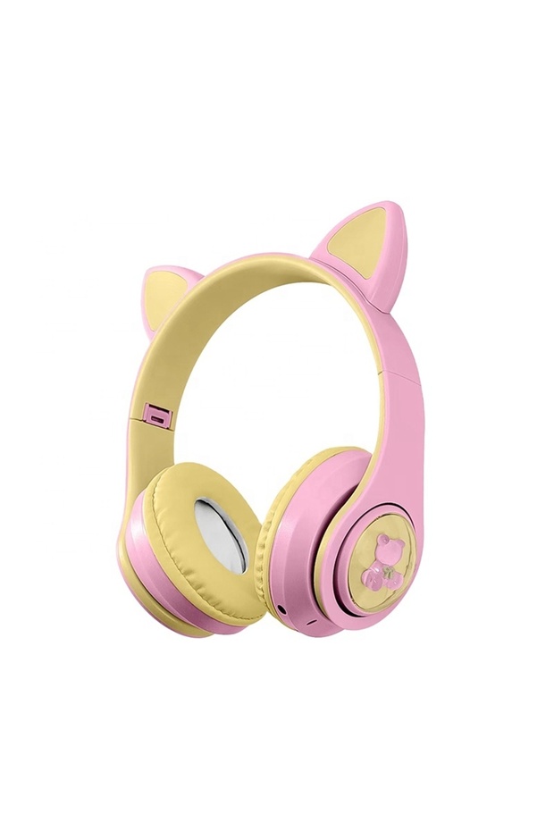 Pink KT-M 22 Noise Cancelling Wireless Audifonos Foldable Hifi Deep Bass Led Mounted Cat Headphone