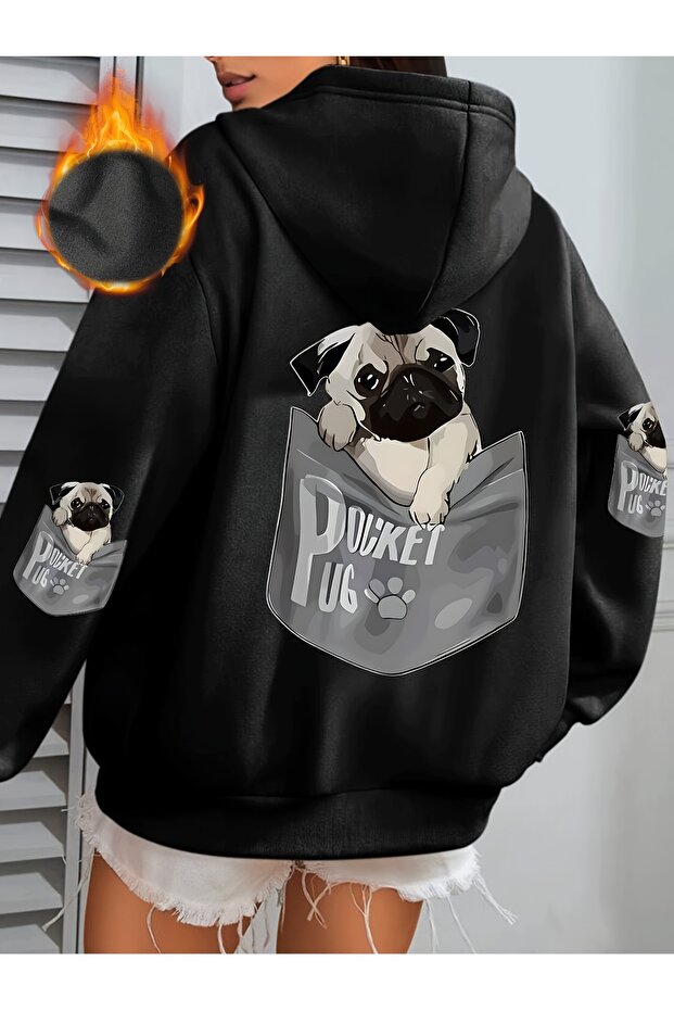 Puppy Graphic Front Chest Back Print Hooded Sweatshirt