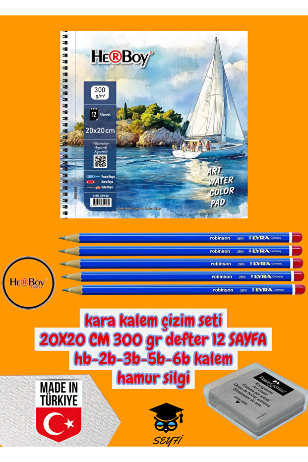 Kara Calm Drawing Set 20X20 cm 300 Gr Notebook 12 Sheets Hb-2B-3B-5B-6B Pencil Dough Eraser Herboy