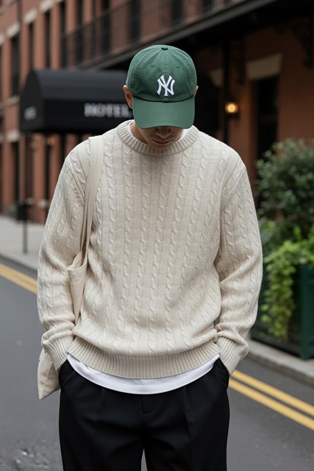 Men's Hair Knit Crew Neck Thick Knitwear Sweater Beige 26W2014