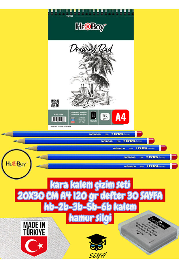 Kara Calm Drawing Set 20X30 cm A4 120 Gr Notebook 30 Sheets Hb-2B-3B-5B-6B Pencil Dough Eraser Herboy