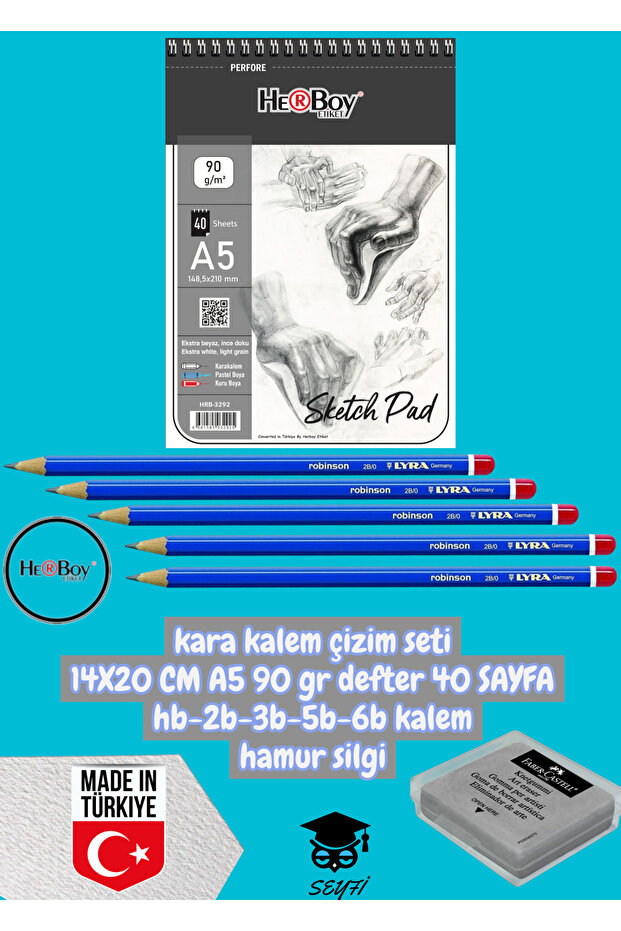 Kara Calm Drawing Set 14X20 cm A5 90 Gr Notebook 40 Sheets Hb-2B-3B-5B-6B Pencil Dough Eraser Herboy
