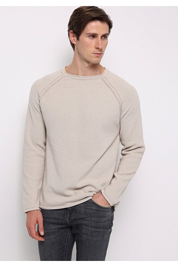 Regular Fit Yuvarlak Yaka Jakarlı Erkek Bej Kazak - 1