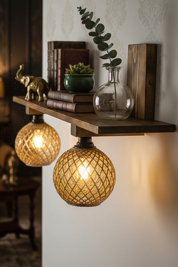 Wooden Sconce with 2 Shelves Jute Rope Bedside Lamp Bookshelf Wall Shelf Rustic Living Room Decoration