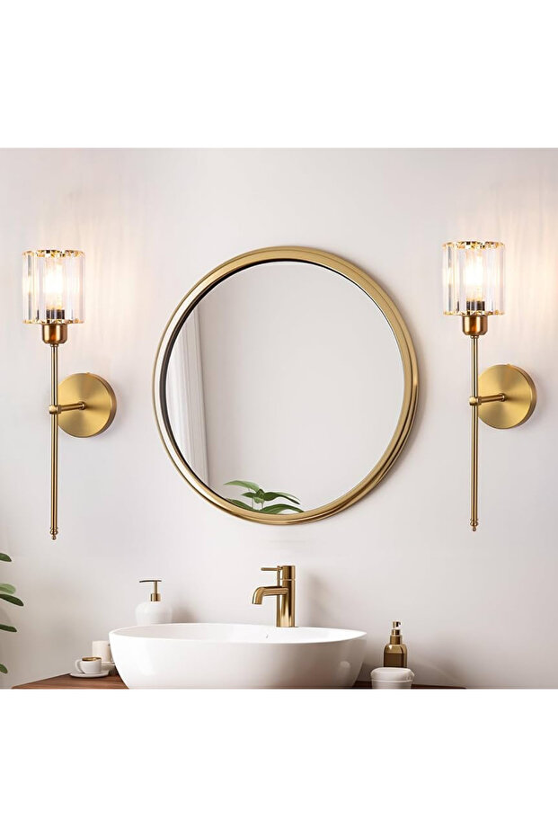 Modern Pilli Aplik Kristal Taşlı Şık Kablosuz Aç Kapa Butonlu Aplik Eskitme Gold Sarı 1 ADET - 3